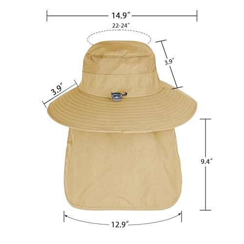 Sun Hats for Men Women Fishing Hat UPF 50+ Breathable Wide Brim Bucket Hats Summer UV Protection Safari Hat with Neck Flap - color: Khaki