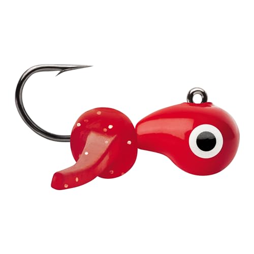 VMC Tungsten Mustache Jig, High-Density Ice Fishing Jig with Lifelike Larvae Body and Soft Appendages for Panfish, Crappie, Bluegill, Perch, and Trout - color: Glow Red, size: 1/16 oz.