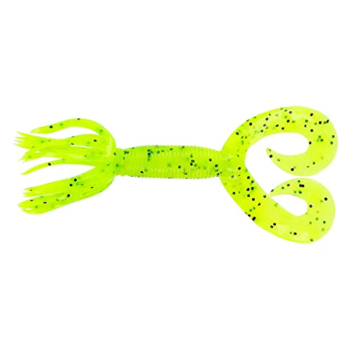 Yamamoto 5" Double Tail Hula Grub - Realistic Easy-to-Use Soft Plastic Fishing Lure Bait with Free-Flowing Skirt - 10 Pack - size: 5 inch, style: Chartreuse With Large Black Flake