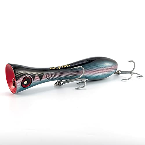 Dr.Fish Popper Saltwater Fishing Lures, 8 Inches GT Popper VMC Treble Hooks Surf Fishing Lures for Striper Tuna Barracuda Mackerel Snapper Bluefish Pencil Plugs Offshore - color: Blue Amberjack(8")-1 Pack