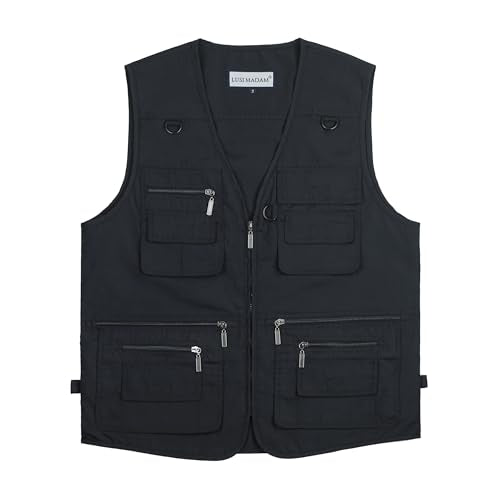 Men's Stone Washed Denim Multi-pocketed Fishing Work Outerwear Vest - color: Pure Black, size: Medium