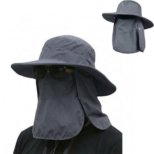 Sun Hat Bucket Hats for Men Women,Outdoor Wide Brim Fishing Hat with Detachable Face Cover & Neck Flap UV Protection - color: Deepgrey
