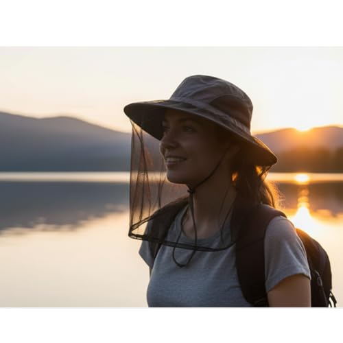 Mosquito Fishing Safari Mesh Net Hat with Neck Flap, Sun Protection Women Men Bug Cap, Hidden Netting Boonie - color: Dark Gray Black