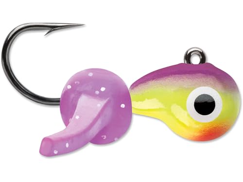 VMC Tungsten Mustache Jig, High-Density Ice Fishing Jig with Lifelike Larvae Body and Soft Appendages for Panfish, Crappie, Bluegill, Perch, and Trout - color: Glow Purpledescent, size: 1/32 oz.