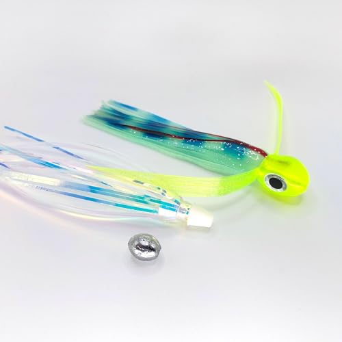 Saltwater Big Game Fishing Lure, for Offshore trolling (FlyBoy) - color: Lumo Glow Electric Yellow Red Stripe (Unrigged)