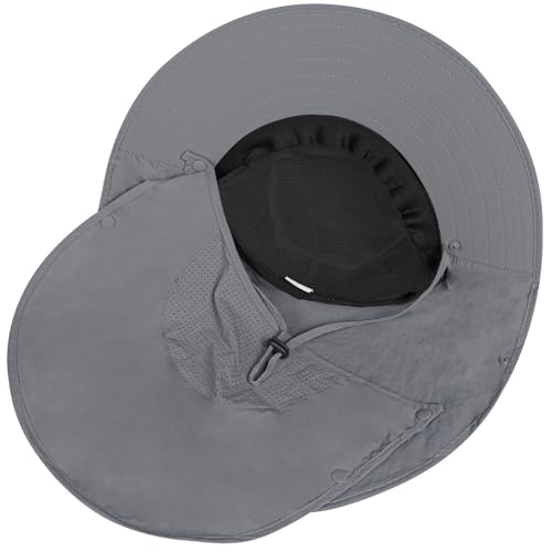 Rosoz Sun Hat for Men Women with Neck Flap,Wide Brim UPF50+ Fishing Hat with Detachable Face Cover Outdoor Sun Protection Hat - color: 1pack-dark Grey