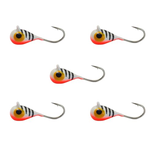 Tungsten Ice Fishing Jig Set Ice Fishing Lures, Max Sensitive Tungsten Tear Drop Ice Jig Head Hook for Panfish, Crappie, Walleye, Perch, Trout, Bluegill - color: White Tiger Glow, size: 3MM, 1/60 OZ