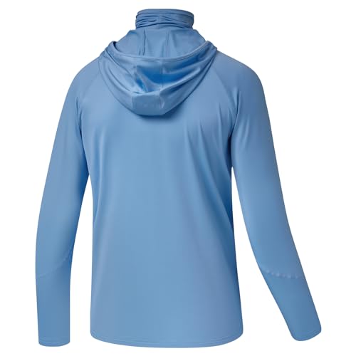 BASSDASH Youth UPF 50+ Hooded Shirts with Mask UV Neck Gaiter Sun Protection Long Sleeve T Shirt for Fishing Swim - color: Carolina, size: X-Large