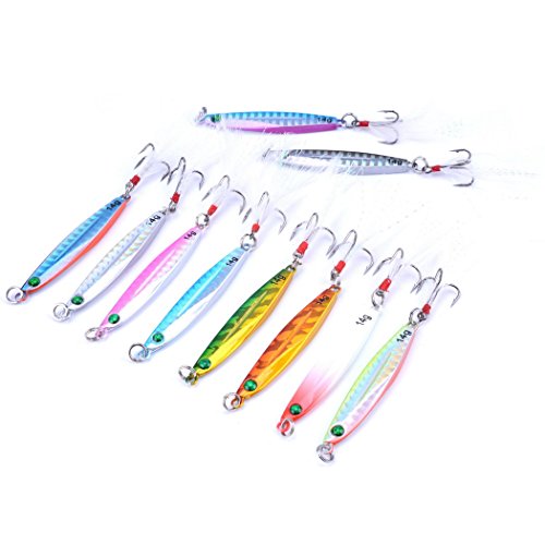 Aorace 10pcs Hard Metal Jigs Diving Sea Fishing Lures Minnow Popper Baits Tackle Crankbait Saltwater Freshwater Lures with Feather - color: 10pcs 6cm/14g