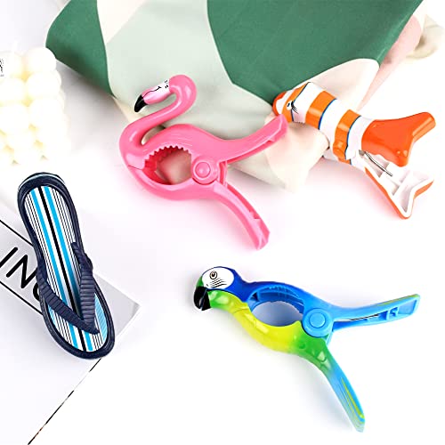 8 Pack Clips for Beach Chairs-Durable and Big Towel Clips, Peg Clips with Colorful Parrot and Pink Flamingo Shape, Creative Beach Towel Clip for Family Use, Portable During Travel. - style: Parrot+Flamingo+Fish+Slippers