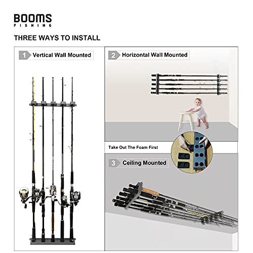 Booms Fishing Rod Holder for Garage: Wall Mount Fishing Pole Holders for Garage | Fishing Rod Rack Holds Up to 10 Rods, Vertical/Horizontal/Ceiling Fishing Pole Racks, WV4 Black - color: Black