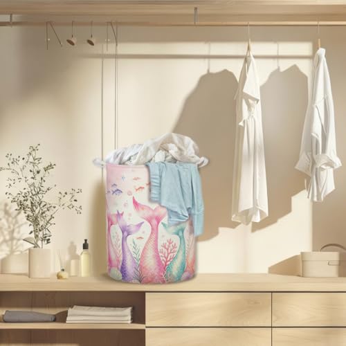 Pink Coastal Mermaid Laundry Basket Hamper,14.2"x14.2"x17.7" | Coastal Beach Mermaid Clothes Toys Books Waterproof Foldable Laundry Basket for for girls Kids Bedroom Bathroom Playroom - color: PINKMER