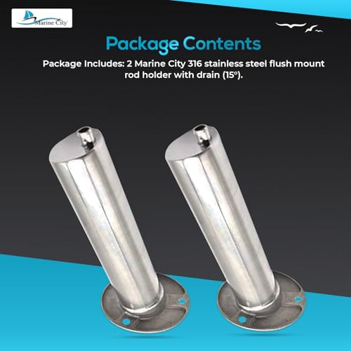 Marine City Heavy Duty Strong 316 Stainless-Steel Gloss Polished Finish Flush Mount Angled Fishing Rod Pole Holder with Drain 15 Degree
