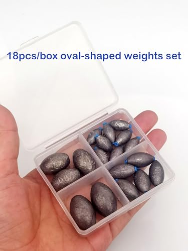 Oval-Shaped Fishing Sinker Weights Egg Bullet Weights with Inner Core Fishing Weight Sinkers Assortment 18pcs/30pcs for Saltwater Freshwater Fishing