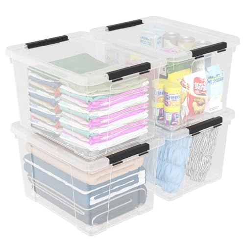 4 Pack 50 Quart Clear Plastic Storage Bins with Lids and Wheels, Large Stackable Latching Container Boxes for Clothes, Bedding, Garage Organization - size: 50 Quart