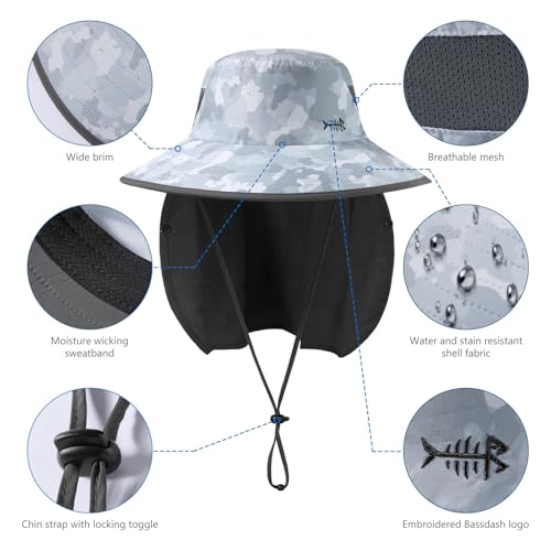 BASSDASH UPF 50+ Breathable Sun Hat with Removable Face Cover and Neck Flap Wide Brim Bucket Hat for Fishing Hiking Men Women - color: Light Grey Camo/Dark Grey