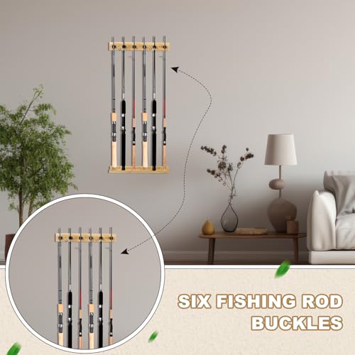Arrowbash Wall Mounted Fishing Rod Holder Wooden Vertical Fishing Rod Rack Fishing Pole Holders for Garage Holds up to 6 Rods Fishing Gear Storage Organizer Grandpa(Bamboo Wood Color)