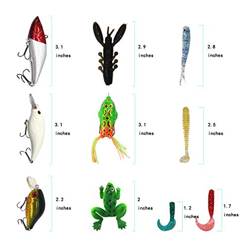 LASOCUHOO Fishing Lures Kit, Spoon Lures, Soft Plastic Worms, Frog Lures, Bait Tackle Kit for Bass, Trout, Salmon for Freshwater and Saltwater