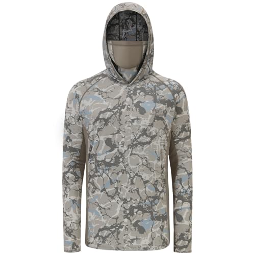 BASSDASH UPF 50+ Men’s Fishing Hoodie Shirts with Mask Camo UV Long Sleeve Moisture Wicking FS53M - color: Ash Grey Ripple Camo, size: Medium