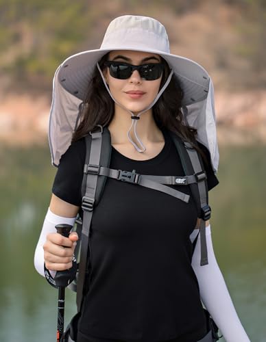 HUAMULAN Women Large Brim Sun Hat with Neck Flap, Men Quick Dry Hiking Fishing Safari Hat UPF 50+ - color: Light Gray With Mesh Panel