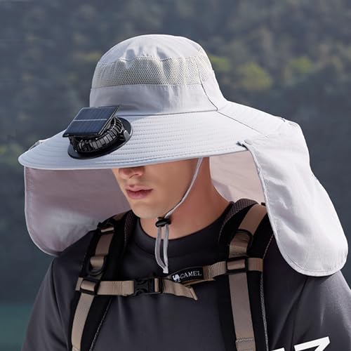 Extra Wide Brim Solar Fan Hat, Mens Fishing Hat with Fan, Neck Flap Sun Hat, UPF 50+ Solar Powered Cooling Cap Fisherman Hats - color: Light Grey With Neck Flap