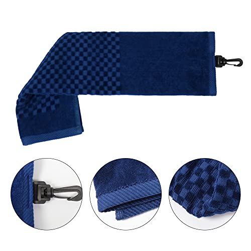 Cotton Golf Towel for Bag With Clip - Tri-fold Towel for Ball, Putter, Club Cleaning - Checkered Pattern Design (Dark Blue) - color: Dark Blue