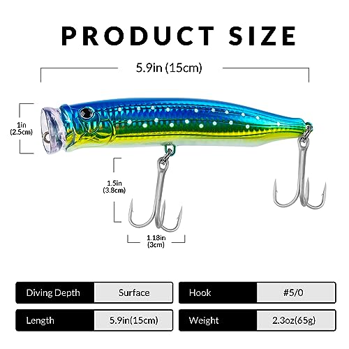 THKFISH Popper Lures Saltwater Tuna Popper Topwater Fishing Lures for Surf Fishing Bass with 3D Eyes for GT Tuna Large Fish 5.9in 1pc/3pcs - color: 3PCS-BLUSPOT-GREEN-RED