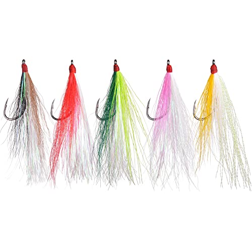Bucktail Teasers Fishing Hooks Saltwater Flounder Rig Bucktail Mylar Teasers Inserted Fishing Teaser Hooks for Jigs Spoons Lures Hi/Lo Rig Striped Bass Bluefish Flounder Surf Bottom Fishing - color: Black-grey, size: 6pcs