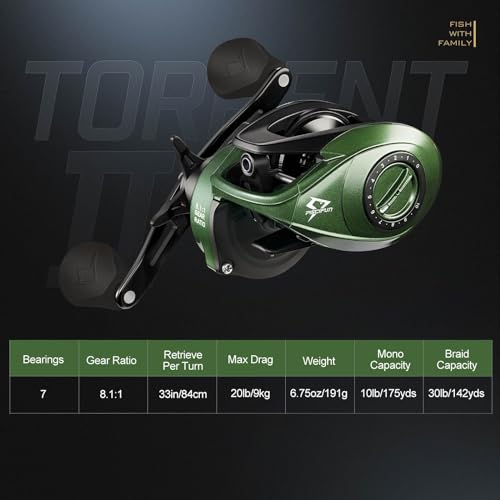 Piscifun Torrent II Baitcasting Reel, 20LB Drag, Magnetic Brake | Smooth casting, 6+1 bearings, 6.75 oz body, 6.6/8.1 ratios,low-profile body - color: Green-Right Hand Retrieve, size: 8.1:1 Gear Ratio
