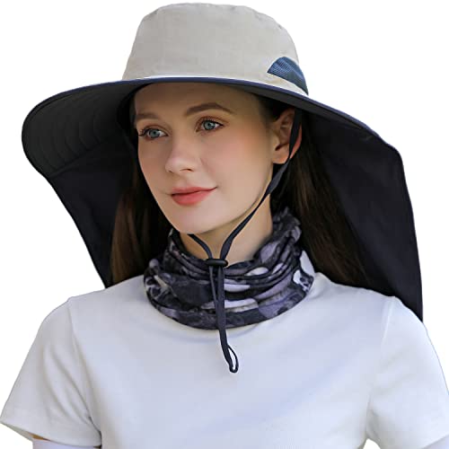 HUAMULAN Women Large Brim Sun Hat with Neck Flap, Men Quick Dry Hiking Fishing Safari Hat UPF 50+ - color: Hyp011-mise