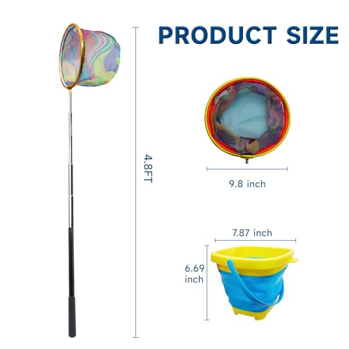 2PCS Fishing Net with Bucket, Telescopic Fishing Landing Net, Collapsible Youth Sand Bucket, Youth Fish Butterfly Catching for Freshwater Saltwater Outdoor Activities - color: Red + Yellow