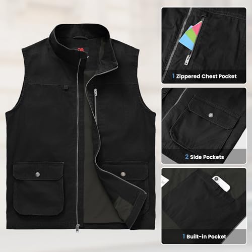 TBMPOY Men's Lightweight Vest Cotton Stylish Sleeveless Travel Casual Work Canvas Outerwear Utility Jacket Fishing Hiking - color: Black, size: Medium