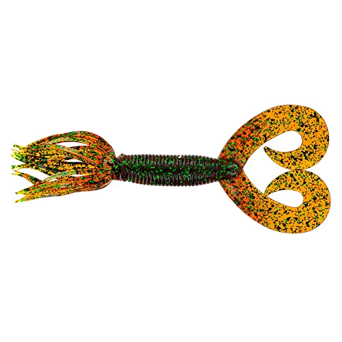 Yamamoto 5" Double Tail Hula Grub - Realistic Easy-to-Use Soft Plastic Fishing Lure Bait with Free-Flowing Skirt - 10 Pack - size: 5 inch, style: Rootbeer With Black, Double Small Green Flake