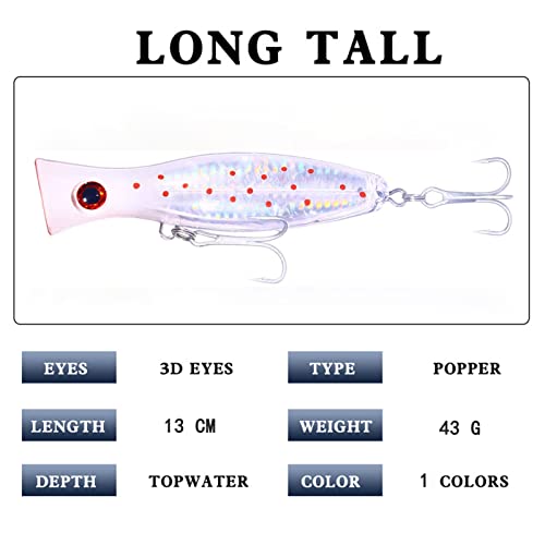 Popper Fishing Lure, JAZALIC Topwater Popper Lures 3D Eyes Fishing Accessories for Saltwater Surface Casting and Freshwater Surface Fishing, Gt Tuna Kingfish Large Predator Fish (5.11in, 1.48Oz) - color: white
