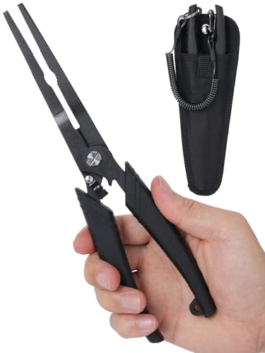 Golden J Teflon Fishing Pliers, Multi-Function Hook Remover-Long Nose Pliers, PE/Braided Line Cutter, Saltwater Resistant Fishing Gear, For Deep-Sea, Ice & Surf Fishing - Ideal for Anglers