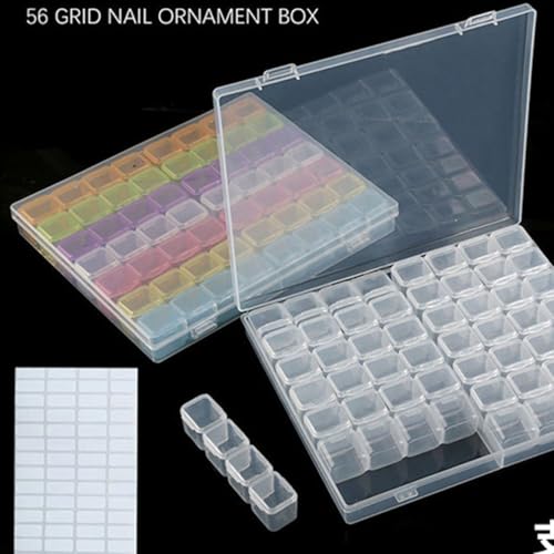 ASVNRES Rhinestone Gold Nail Box, 56 Slots Empty Clear Adjustable Storage Box with 80 pcs Label Stickers Container Manicure Case Tool Set (Mixedcolor) - color: Mixedcolor