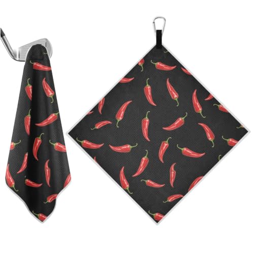 Chili Pepper Red Black Print Magnetic Golf Towel for Men, 17.7x17.7in Golf Bag Towel with Hidden Magnet & Carabiner Clip, Heavy Duty Golf Club Cleaner - color: Chili Pepper Red Black