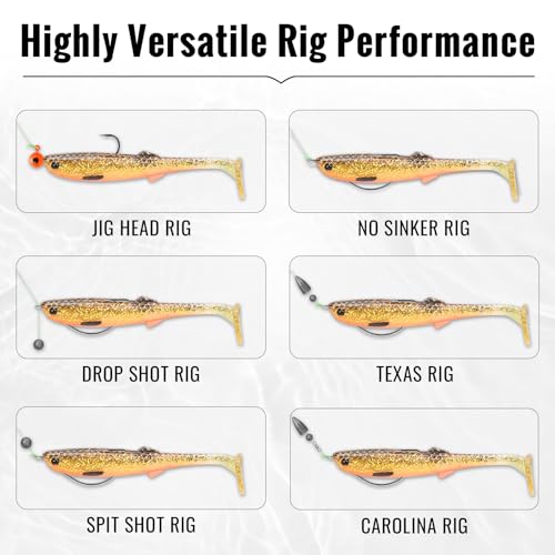 TRUSCEND Shadtale Easy Catch Soft Fishing Lures with BKK Hooks - Trembly Sinking and Vibrating Swim for More Bites, Pre-Rigged Swimbaits for Bass, Trout, Crappie, Walleye, Freshwater Saltwater Fishing - color: F2-3.35",0.2oz,10pcs