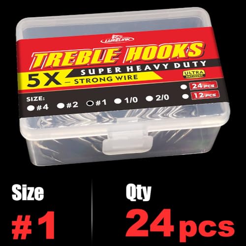 Fishing-Treble-Hooks-5X-Extra-Strong-Heavy-Duty Ultra Anti-Rust Bulk Hooks for Saltwater and Freshwater Fishing Sizes 5/0 to #8 - size: Size:1 12-Pack