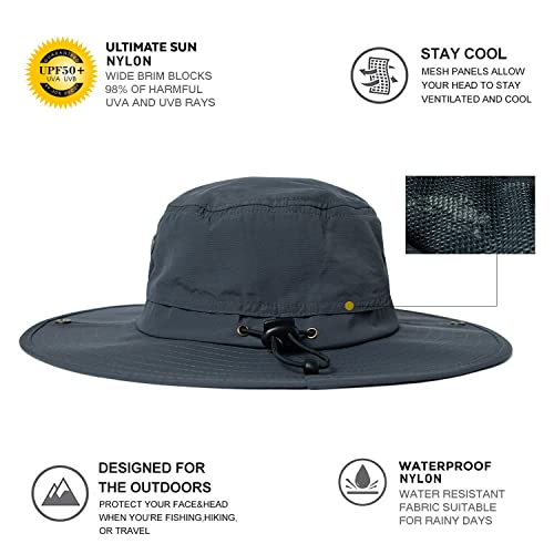 Oversize XL XXL Large Wide Brim Waterproof UPF 50+ Bucket Sun Summer Travel Fishing Hiking Fisherman Hat Detachable Chin - color: 000702_dark Grey, size: Small-Medium