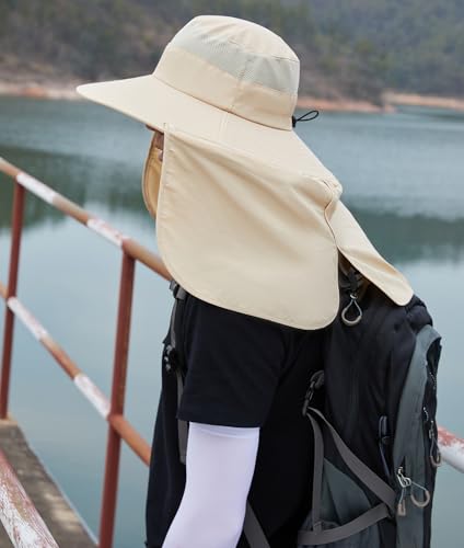HUAMULAN Women Large Brim Sun Hat with Neck Flap, Men Quick Dry Hiking Fishing Safari Hat UPF 50+ - color: Beige With Mesh Panel