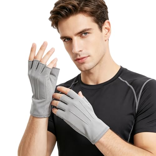 JIAHG Women Men's Driving Gloves Summer UV Sun Glove Non Slip Touchscreen Cotton Gloves Outdoor Sunblock Mittens for Cycling - color: Cotton-grey Half Finger