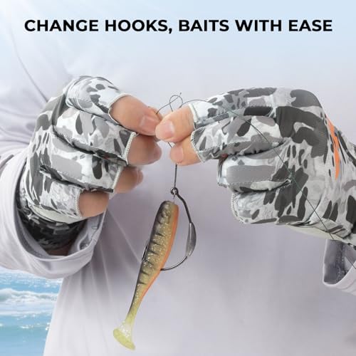 KastKing Agies Fishing Gloves Men, UPF 50+ Sun Gloves UV Protection, Cooling Quick-Dry 3/4 Fingerless Gloves with Extended Cuff, Microfiber Palm & Pull Tabs, for Fishing, Kayaking, Hiking, Hunting - color: X Camo-Gray, size: Small-Medium