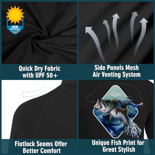 Palmyth Fishing Hoodie for Men Long Sleeve Sun Protection UV UPF 50+ Shirts - color: Black/Cowboy Rides Bass, size: Medium