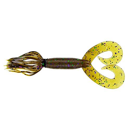 Yamamoto 5" Double Tail Hula Grub - Realistic Easy-to-Use Soft Plastic Fishing Lure Bait with Free-Flowing Skirt - 10 Pack - size: 5 inch, style: Green Pumpkin With Large Green and Large Purple Flake