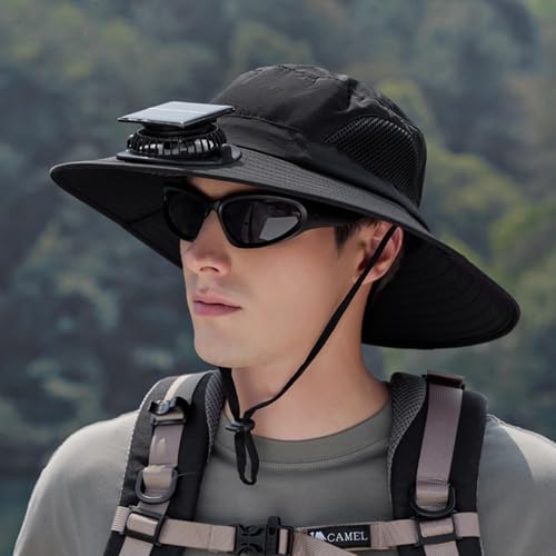 Extra Wide Brim Solar Fan Hat, Mens Fishing Hat with Fan, Neck Flap Sun Hat, UPF 50+ Solar Powered Cooling Cap Fisherman Hats - color: Black
