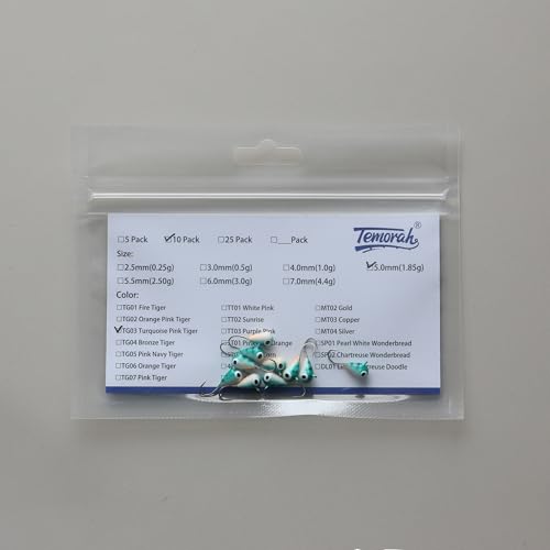 10 Pieces 3.0-6.0mm Teardrop Tungsten Ice Jig - color: TG03 Turquoise Pink Tiger Glow, size: TIJ02 4MM 10PCS