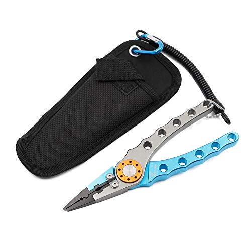 SANLIKE Aluminum Fishing Pliers Hook Remover Tungsten Carbide Braid Cutters | Tungsten Carbide Cutters Saltwater Resistant with Coiled Lanyard & Sheath - color: Light Blue