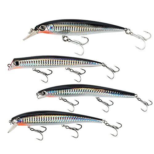 Dr.Fish Saltwater Fishing Lures Kit 5" Surf Fishing Sriper Saltwater Minnow Lures Mustad Hooks Jerkbait Popper Plugs Inshore Offshore Mackerel Tarpon Barracuda - color: Black,Silver (pack of 4)
