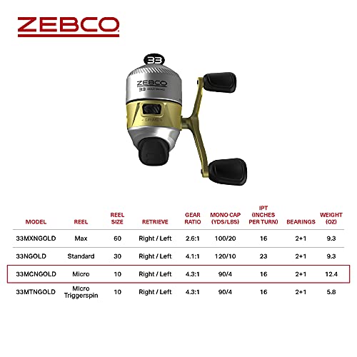 Zebco 33 Gold Spincast Fishing Reel, Changeable Right or Left-Hand Retrieve, All-Metal Gears, Pre-Spooled with Zebco Cajun Fishing Line - size: 10 (Clam Packaging), style: 33 Gold Micro (Clam Pack)